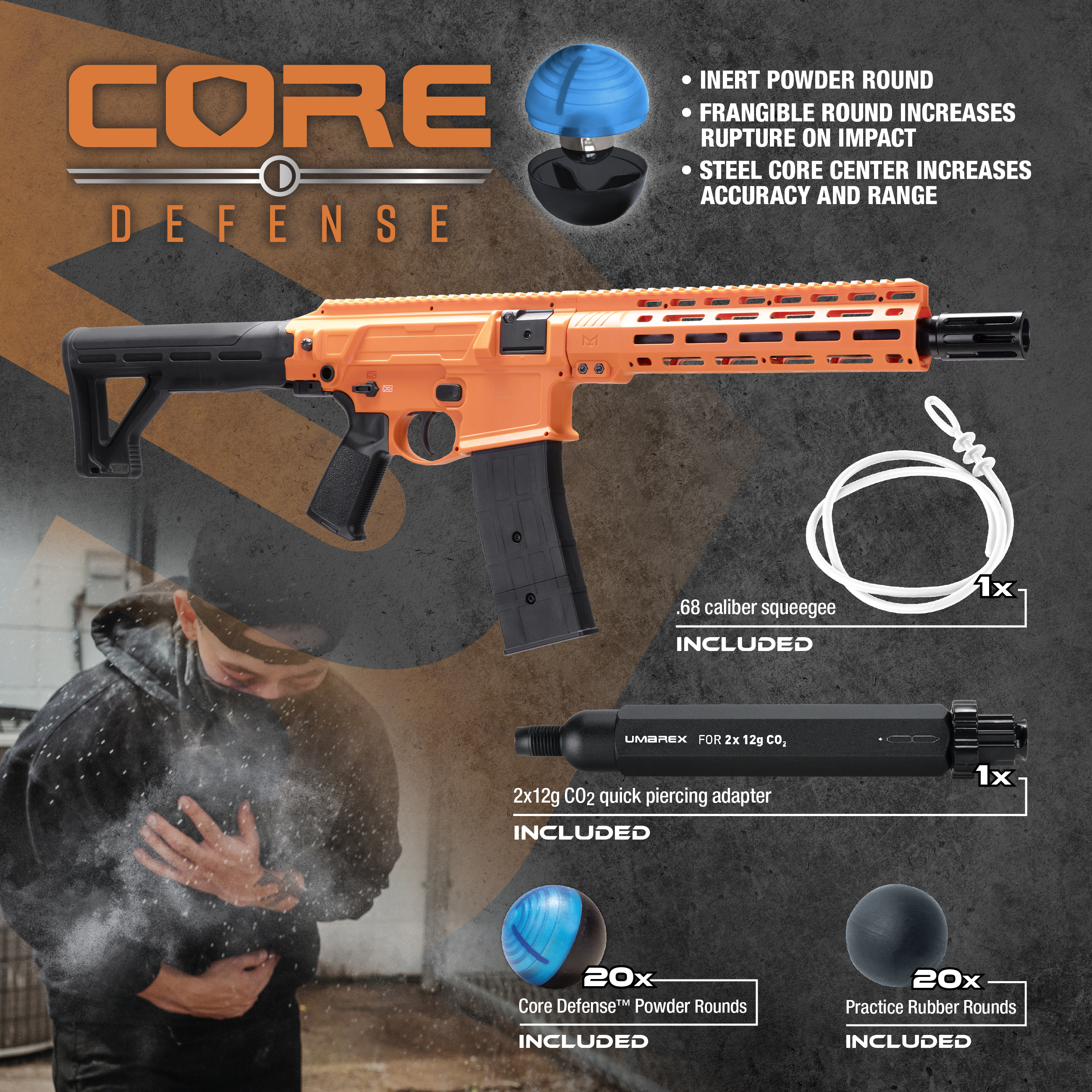 Diagram showing Defensor 68 pepper powder dispersal and less-lethal impact characteristics